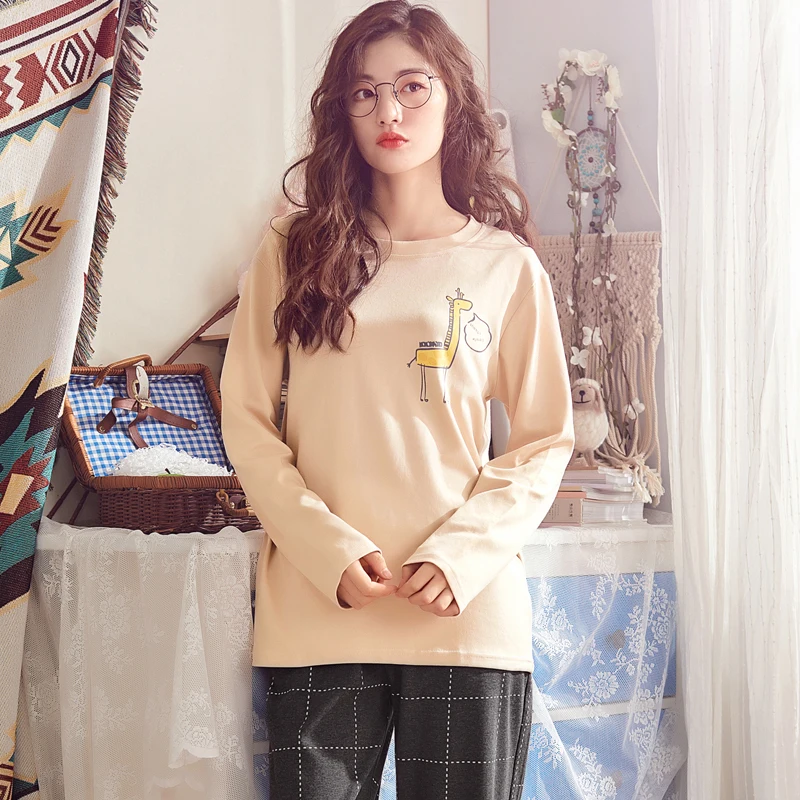Большие размеры, M-XXL, женские пижамные комплекты, хлопок, одежда для сна, весна-осень, пижамы с длинным рукавом, пижамный комплект с круглым вырезом, женские пижамы