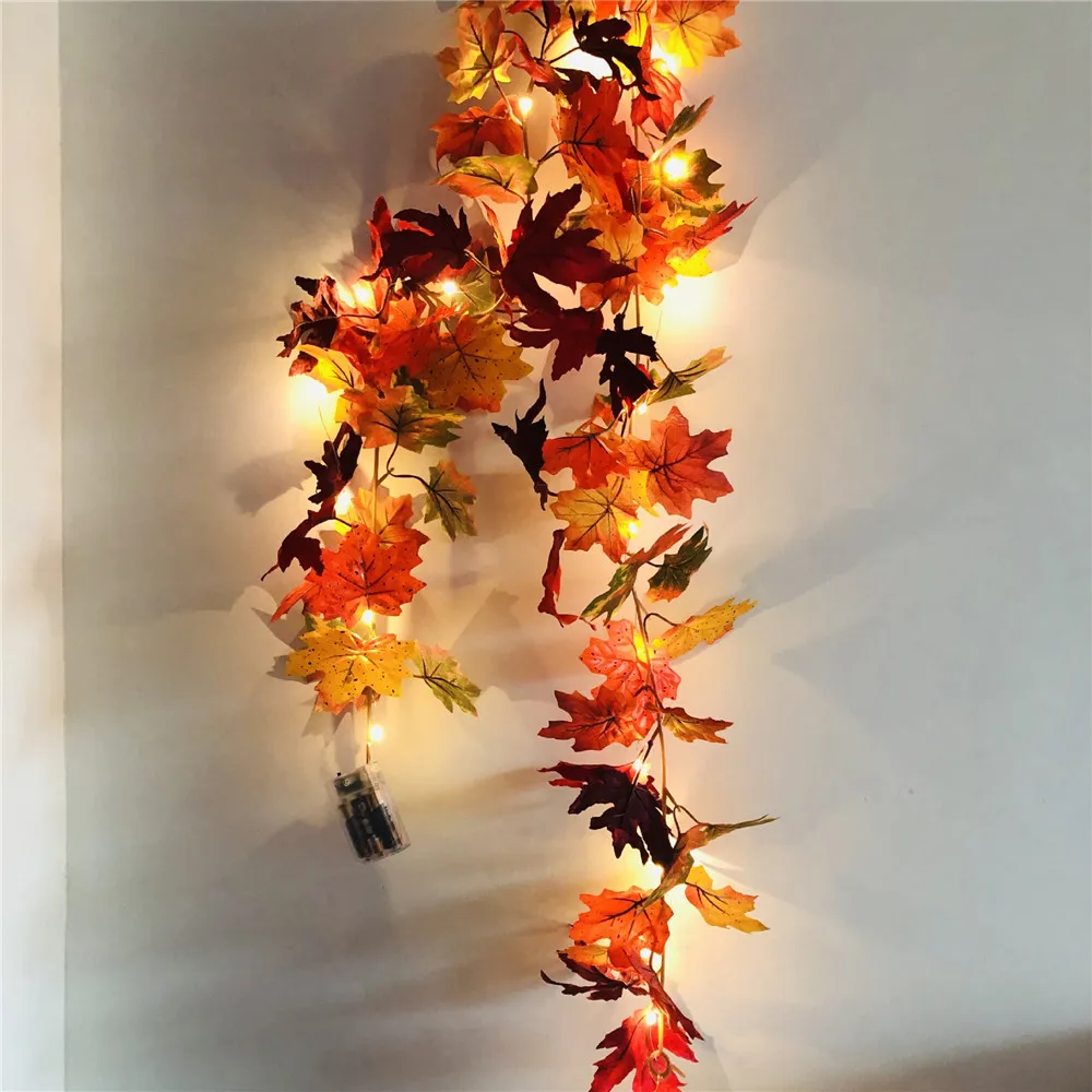 2M 20Leds Autumn Decoration Maple Leaves Garland Artificial Maple Leaf Vine Fake Foliage String Light Thanksgiving Christmas Gar