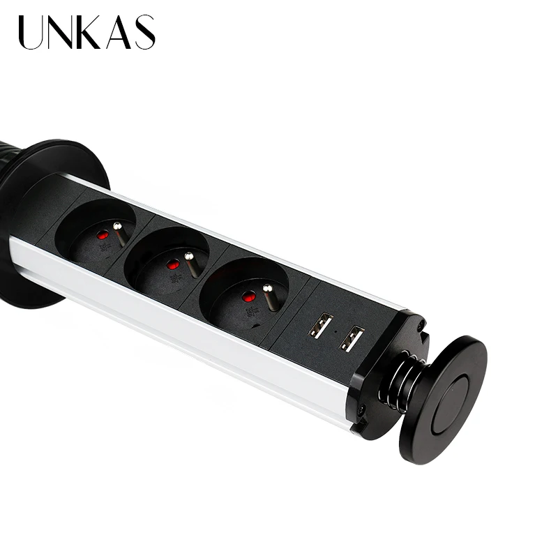 UNKAS 16A PULL POP UP 3 Power French Plug Socket Black Dual USB Port Kitchen Table Desktop Sockets Retractable Countertops |