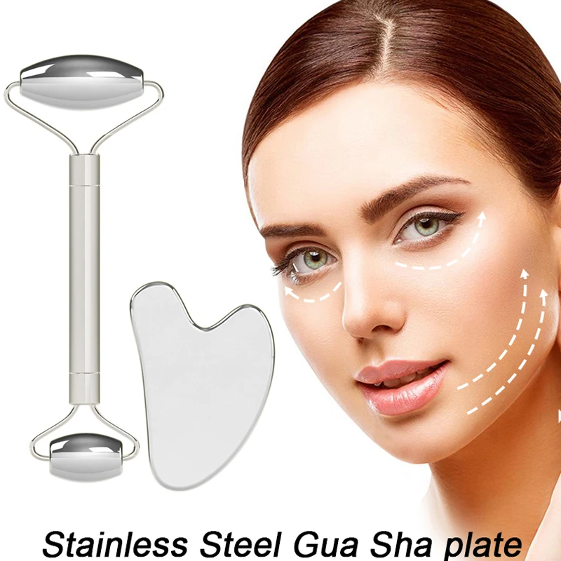 

3 Types Anti-Aging Facial Health Beauty Manual Heart-shaped Metal Double Head Stainless Steel Gua Sha Tool Scraper Roller