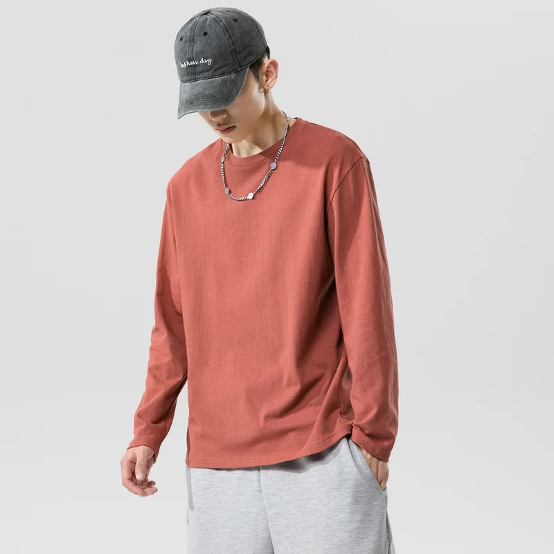 

Solid Color Casual Men's T-shirt Long Sleeve Round Neck Loose M-5XL Large Size Pure Cotton Tees