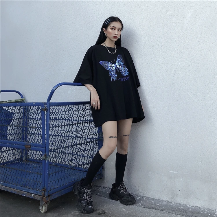 

Black Harajuku summer loose female short sleeve tee kpop o-neck butterfly women's T-shirt hip hop streetwear ladies tops clothes