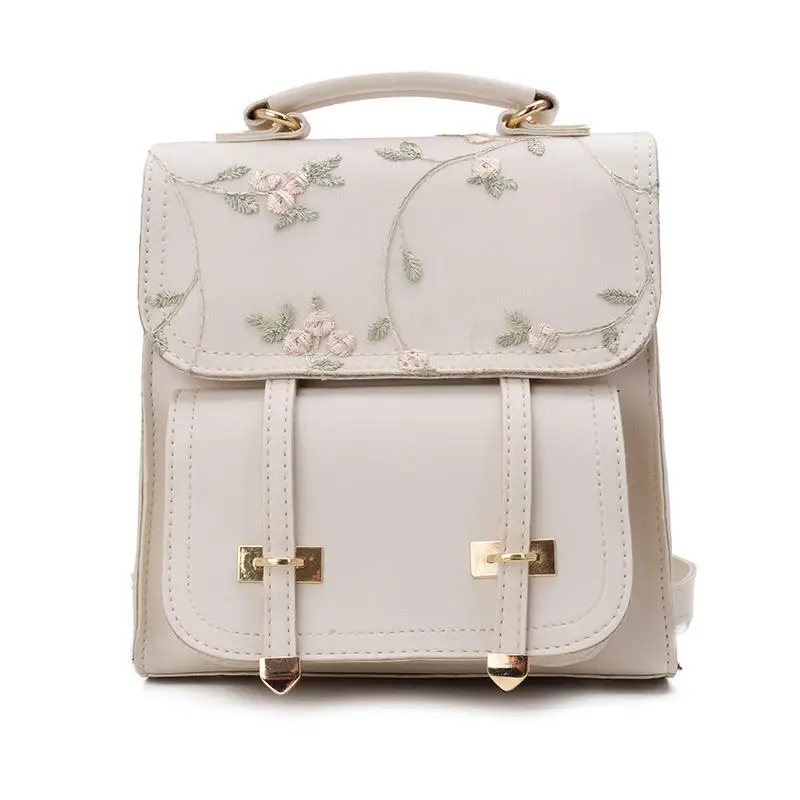 WENYUJH Fashion School Backpack Teenage Girls High Quality Leather Women Shoulder Bag Backpack Floral Embroidery Design Rucksack - Цвет: beige