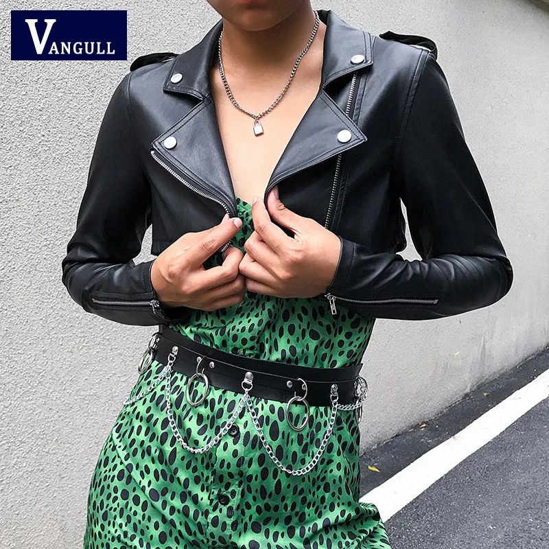 

Vangull Black Fur Faux Leather Jacket Casual Harajuku Biker Cropped Jacket Women Long Sleeve Short Coat Autumn Street Wear