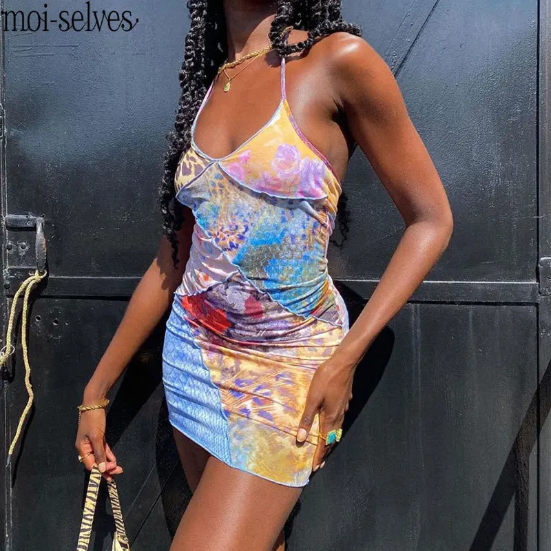 

MOISELVES Casual Streetwear Rework 2020 Camisole Sexy Party Wear Female Fashion Dress Halter Skinny Print Women Mini Dresse