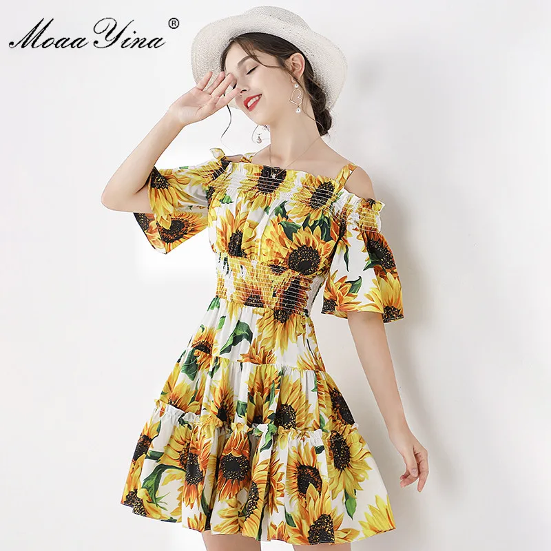 Женское платье с принтом подсолнухов MoaaYina летнее дизайнерское эластичной талией