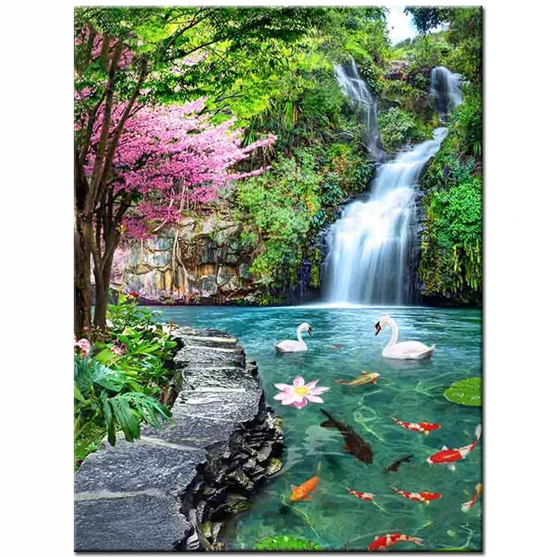 

Алмазная живопись 5D «сделай сам», водопад, лебедь, кои, рыба, алмазная вышивка, Весенняя мозаика ручной работы, лотос, дерево, натуральный ландшафт