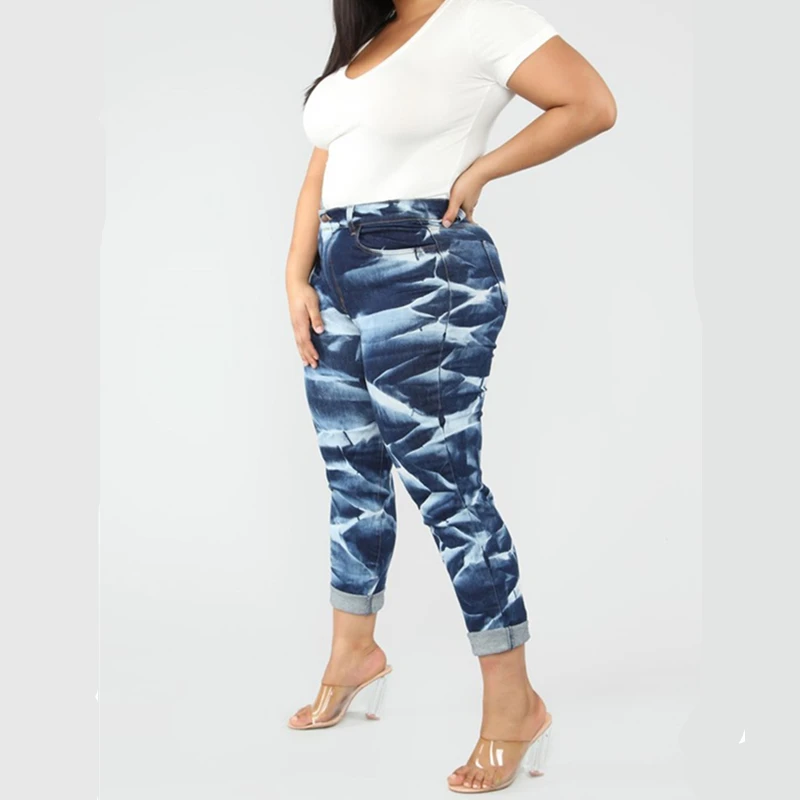 

New Large Size Women Denim Pants In Summer 2019 Sea Wave Pattern Blue Loose Women Trousers High Waist Jeans