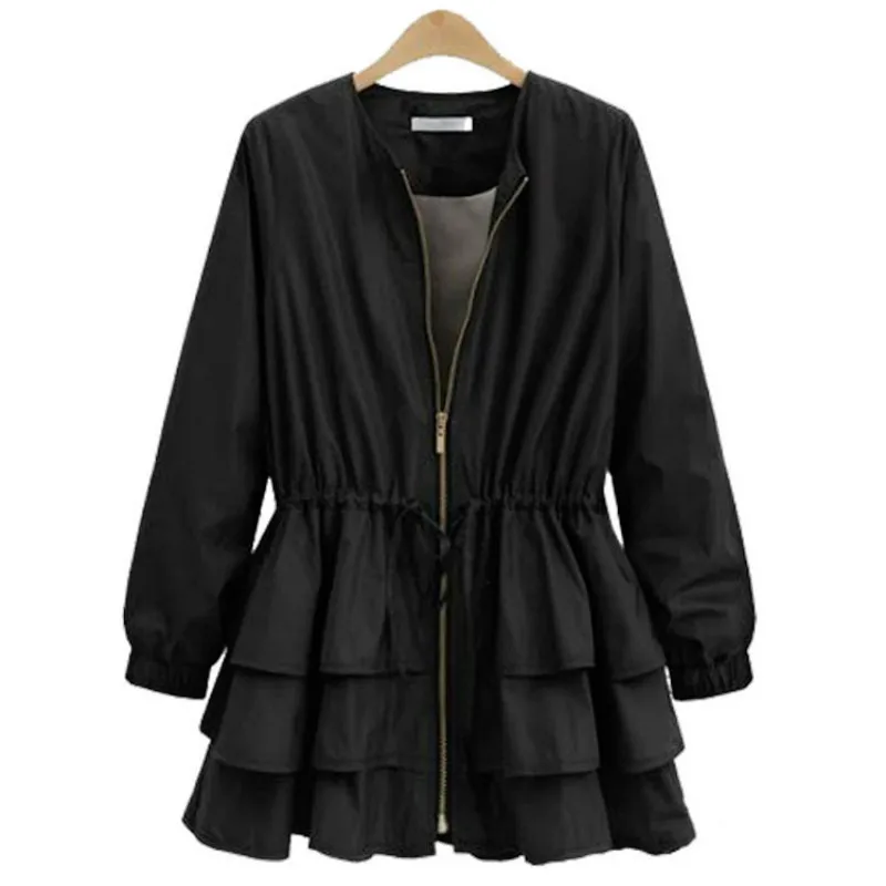 

Black/Navy Trench Coat Women Fashion Office Lady Solid Color Skirt Plus Size Slim Ruffle Zippers Trench Coat Loose Tops XL-4XL