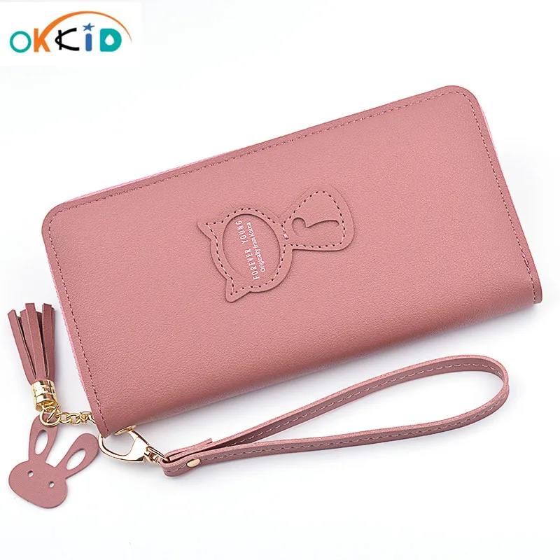Длинный кожаный кошелек для девушек милый держатель карт клатч сумка на молнии