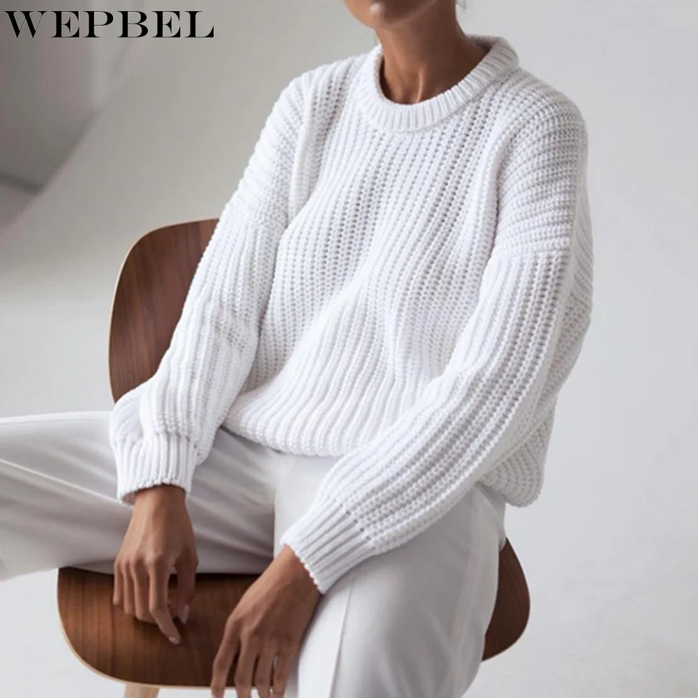 

WEPBEL Fashion Long Sleeve Sweater Autumn and Winter Casual Solid Color Pullover Sweater Women's O-Neck Loose Sweater