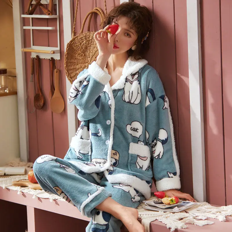 

QWEEK пижамы для женщин Kawaii мультфильм пижамы зимние фланелевые пижамы Домашняя одежда для девочек Пижамы Ночная одежда