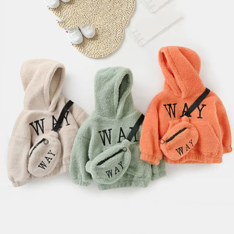 

Children Hooded Winter Thicken Sweatshirt+bag 2pcs For Boys Warm Girls Jackets Wool Toddler Coats Hoody Kids Outfits Clothes