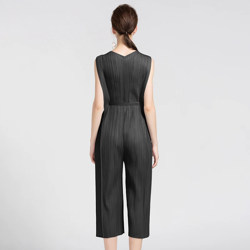 

High Waist Jumpsuit Office Lady Summer 2020 Elegant Women Elastic Pleated Wide Leg Romper Tunic with Bandage Sleeveless Pockets