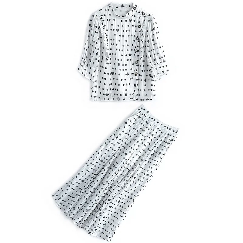 

Polka Dot Printed Trousers Suit Summer Chiffon O-Neck Ruffles Shirt + Pleated Wide-Leg Length Pants Two Piece Set Women B091