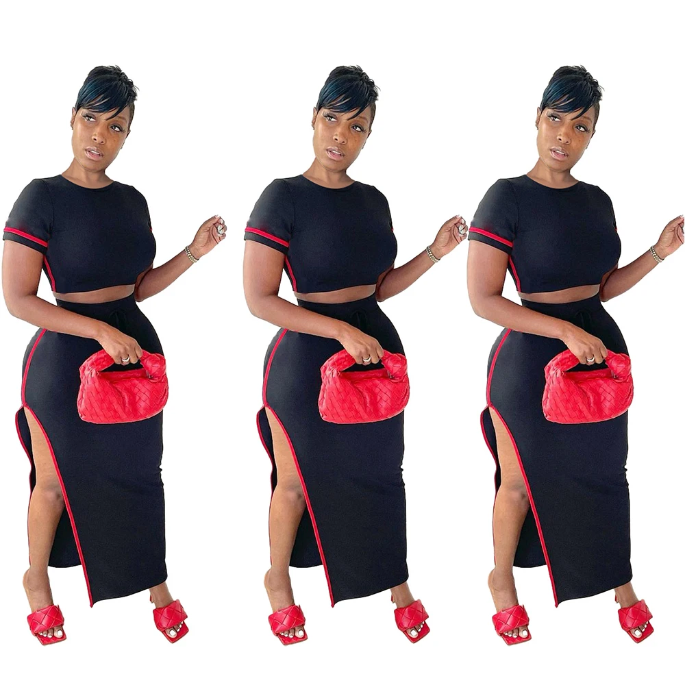 

2 Piece Sets Womens Outfits Summer Casual Short Sleeves Crop Top Sexy Split Fork Elegant Long Skirt Suits Wholesale Dropshipping
