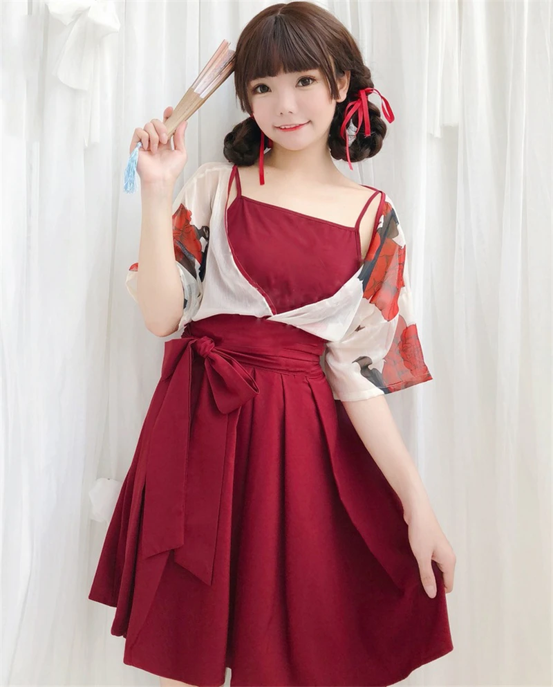 

Women's Japanese Style Kimono Summer Fashion Floral Printing Loose Chiffon Thin Cardigan Coat Solid Color Bow Pleated Skirt
