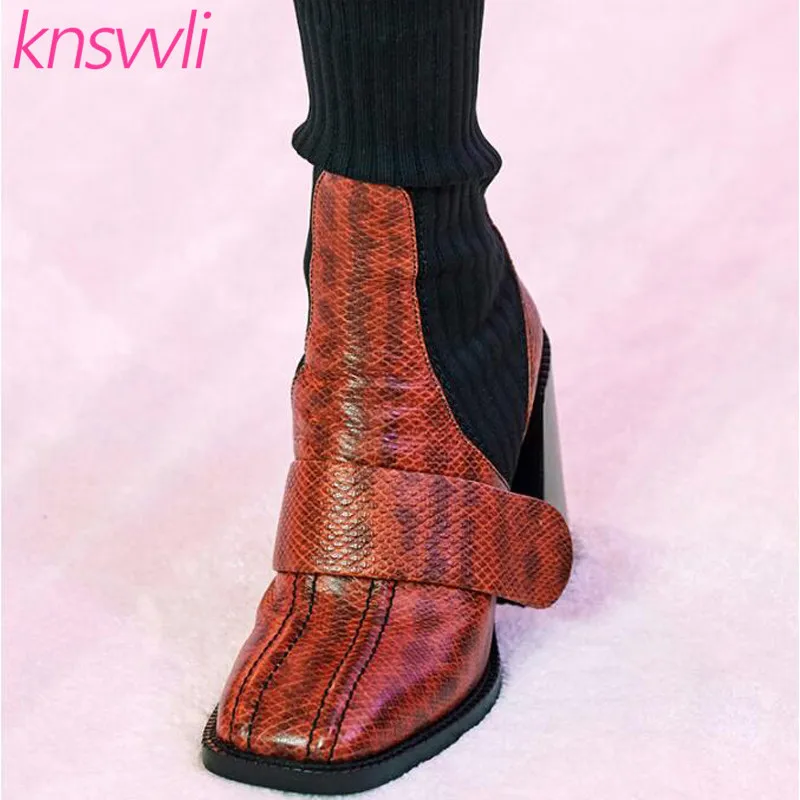 Новинка стильные кожаные носки ботильоны женские вязаные ботинки с квадратным