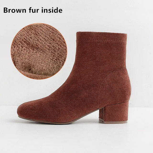 brown fur Женские ботинки; коллекция года; Зимние ботильоны из искусственной замши и флока с коротким плюшем на квадратном каблуке; однотонные женские Ботинки martin на молнии с квадратным носком - Цвет: brown fur