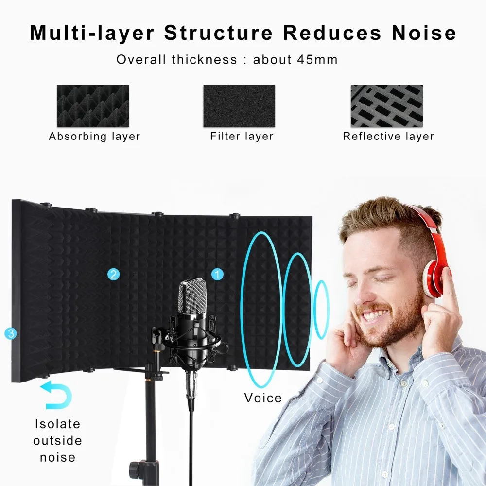 

Изолирующий щит для микрофона, поглощающий губчатый складной ветровой экран для студийной записи, пения в прямом эфире, 3 панели