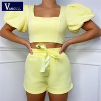 vangull women casual outfits square collar short puff sleeve crop top shorts two piece loungewear set female 2021 summer set