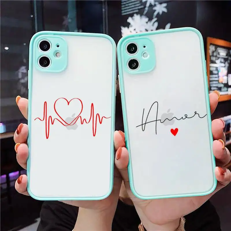 

Cute Love Heart Lovers lins Phone Case Matte Transparent for iPhone 7 8 11 12 s mini pro X XS XR MAX Plus cover funda