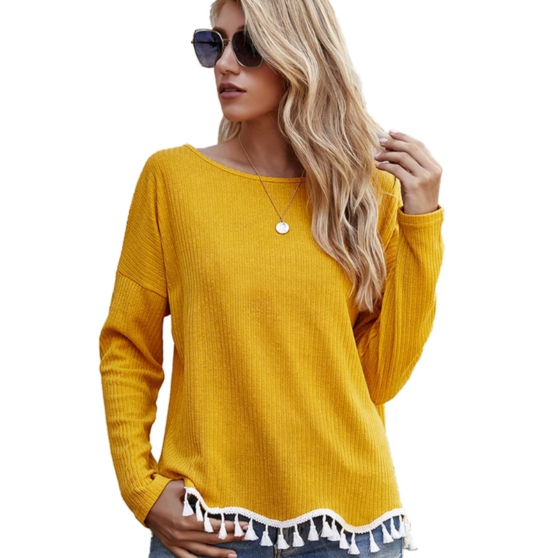 

Женская футболка с длинным рукавом и круглым вырезом, однотонный пуловер с бахромой и кисточками и волнистым подолом, топы в рубчик, повседн...