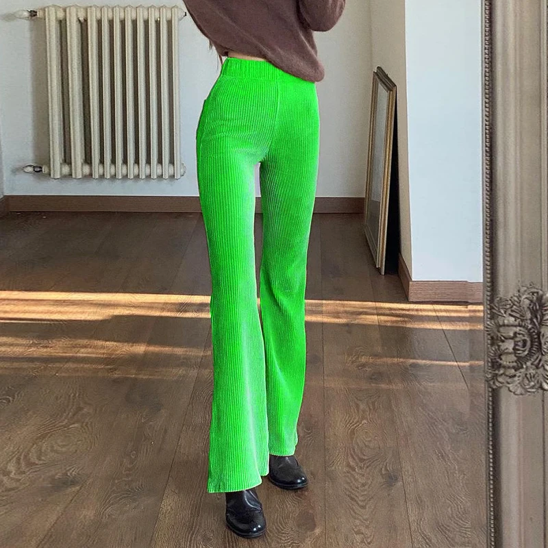 

Green Corduroy Flared Pants Women Harajuku Cargo Pants Y2K Retro Trousers Autumn Winter High Waist Slim Solid Pants Streetwear