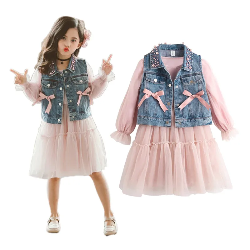 Джинсовая куртка для маленьких девочек комплект с кружевным платьем из 2