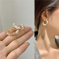 elegant arc cross rhinestone pearl earrings for women 2021 korean personality gold color crystal hoop earring jewelry wholesale