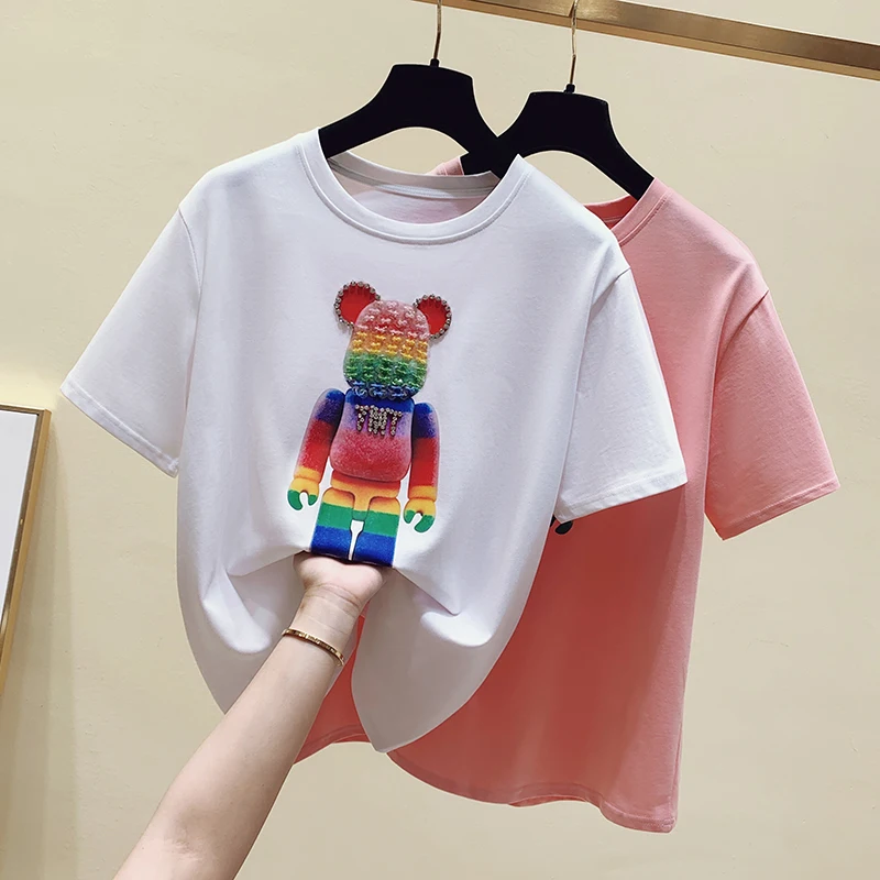 

Summer Tees Tops Women T shirt Cotton White Loose Short Sleeve Oversize T-Shirt Woman Beading Clothes Pink Haraju Fashion 2021