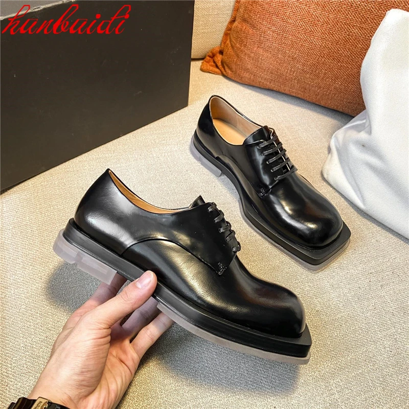 

Trendy Square Head Lace Up Personality Leather Shoes Avant Garde Women's Singles Leather British Style Flat Heeled Shoes