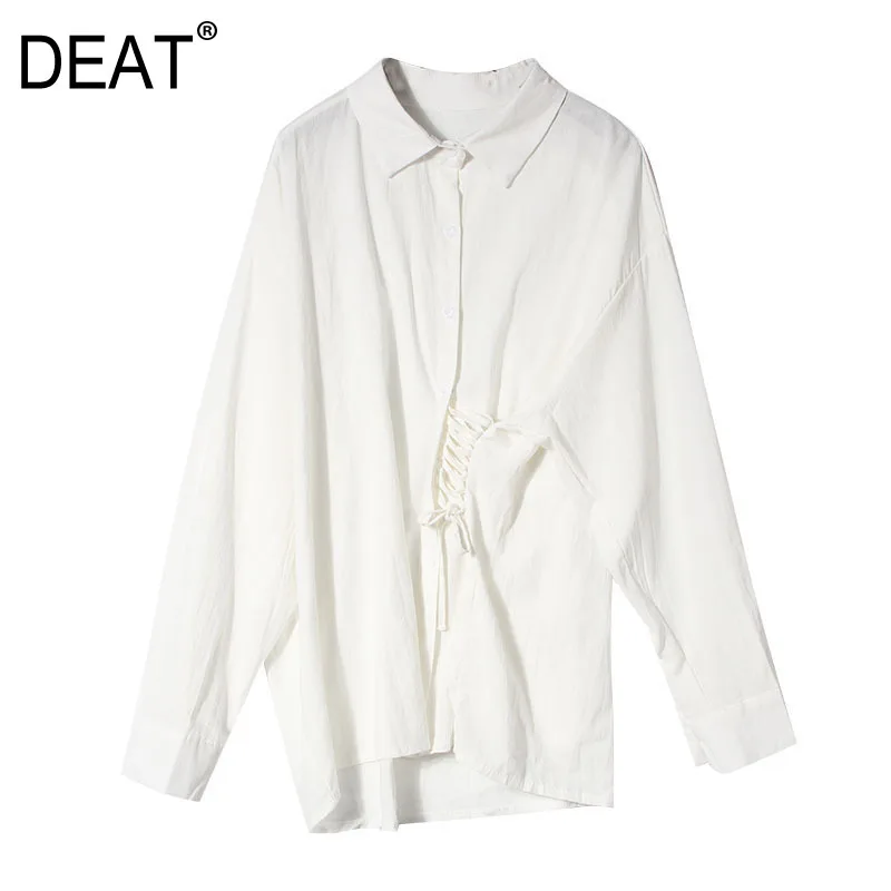 Женская плиссированная рубашка DEAT белая хлопковая с отложным воротником и