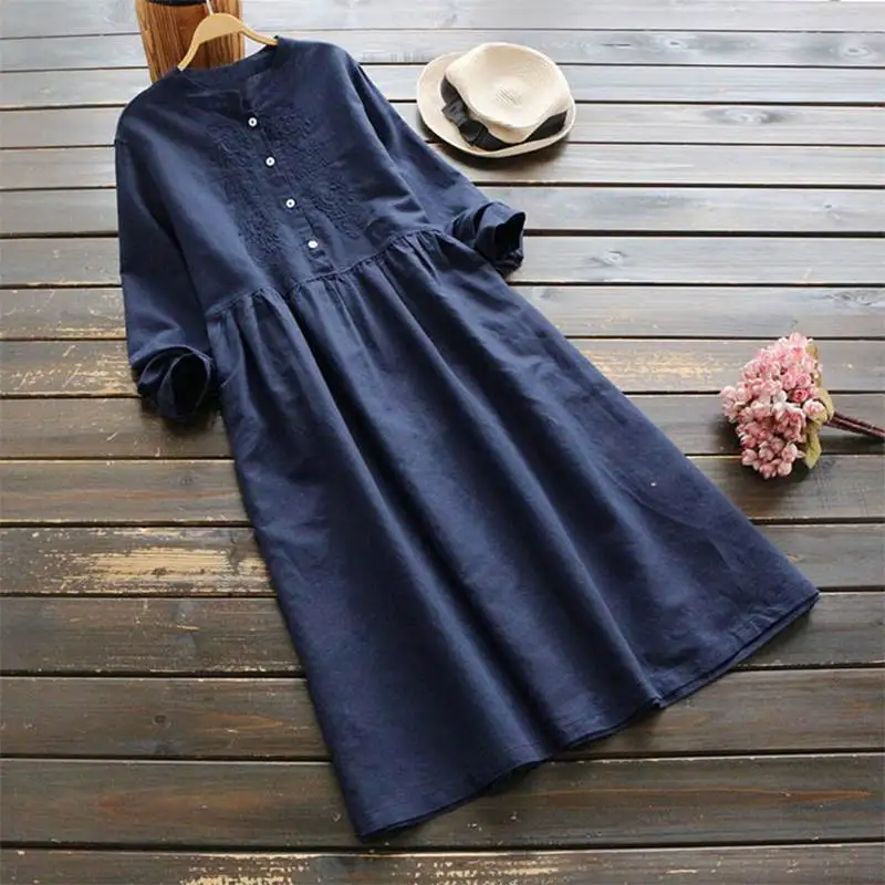 

2021 Autumn Embroidery Long Shirt Dress Vintage Casual Cotton Linen Vestidos Women Long Sleeve Sundress Plus Size