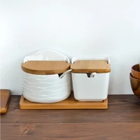 creative nordic style ceramic kitchen seasoning jar set wooden cover salt shaker seasoning jar kitchen tool seasoning container