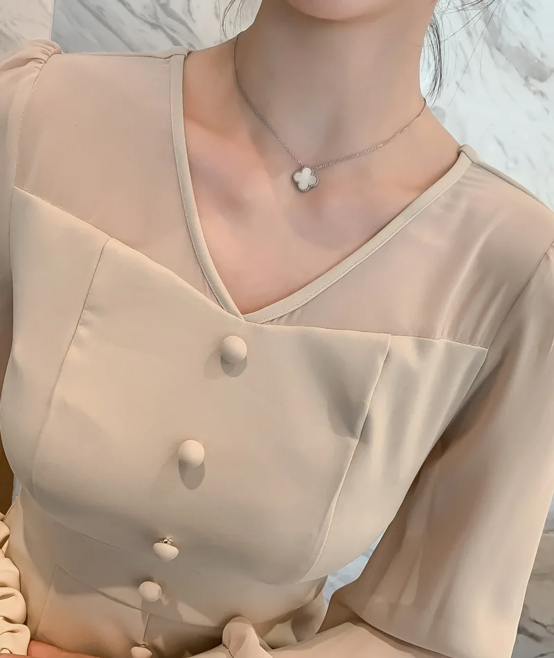 2020 весеннее элегантное шифоновое платье с v-образным вырезом и пышными рукавами в