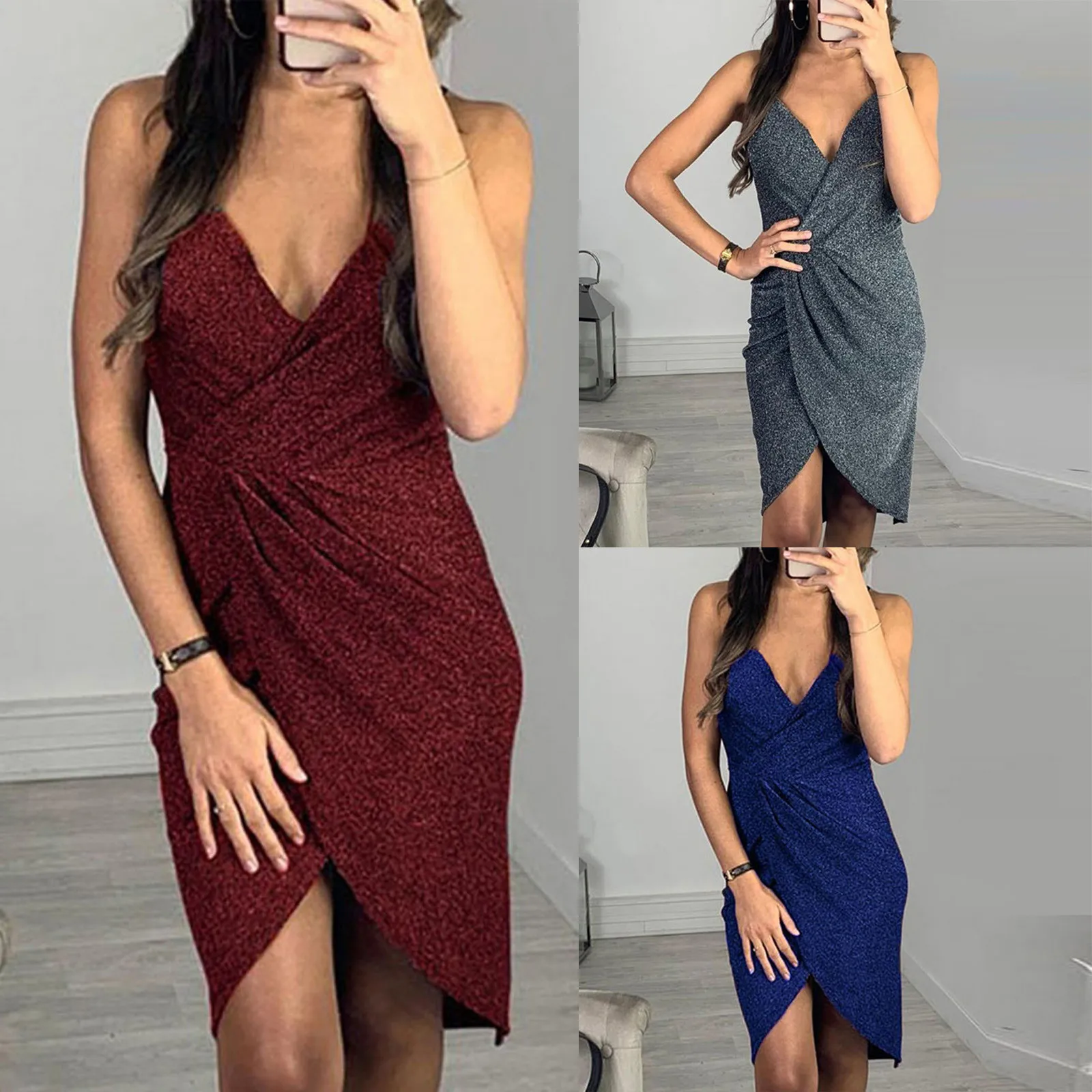 Леди блестками однотонная Цвет с v образным вырезом сексуальное Разделение