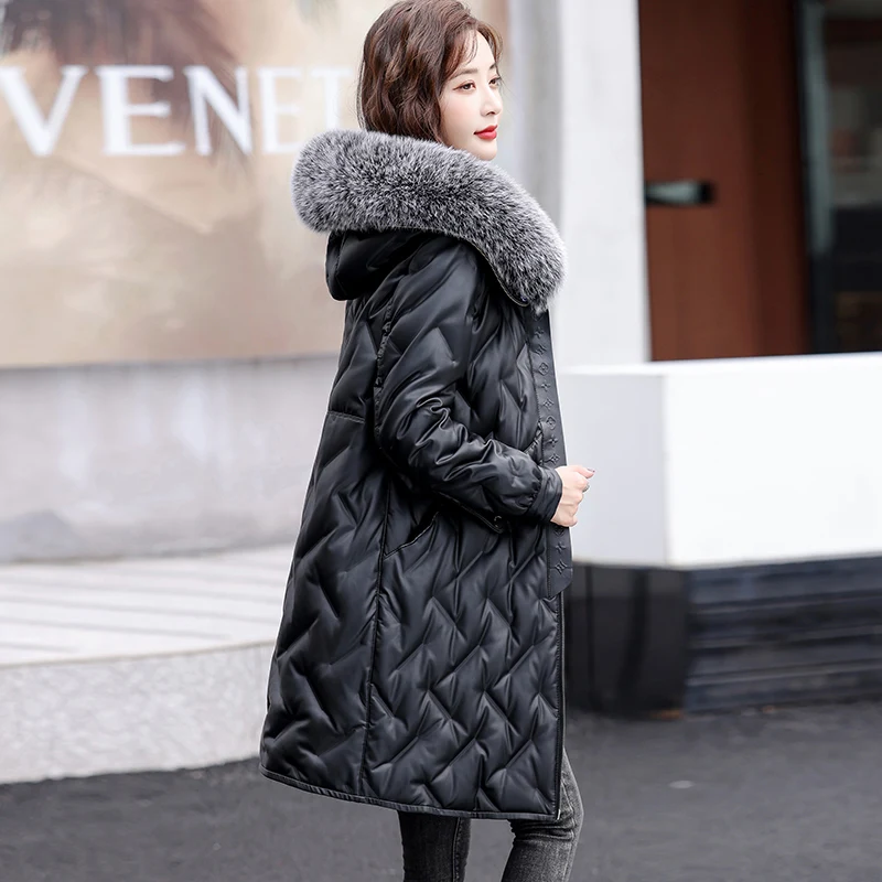 New Women Leather Down Coat Autumn Winter 2022 Fashion Hooded Fox Fur Collar Embossing Loose Thick Warm Sheepskin Down Jacket