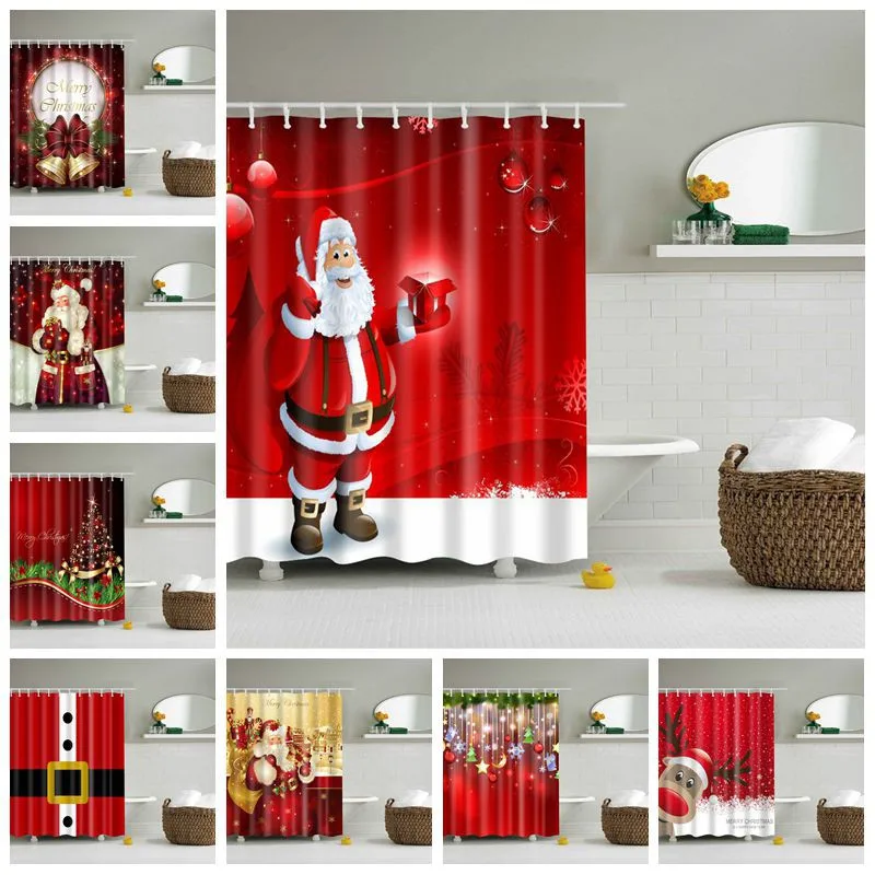 

Lighted Christmas Shower Curtain Printed Happy New Year Santa Claus Red Waterproof Curtains for Shower Bathroom Christmas Decor