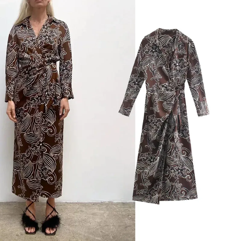 

Xypskh Za Women New Fashion Pockets Print Midi Dress Vintage Long Sleeve Belt Folds Split Party Female Dresses Vestidos Mujer