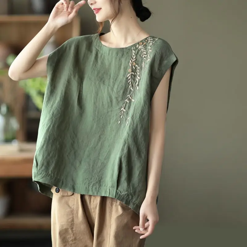 

2021 New Arrival Summer Korean Style Women Print O-neck Short Sleeve Blouse Embroidery Cotton Linen Casual Shirts W483