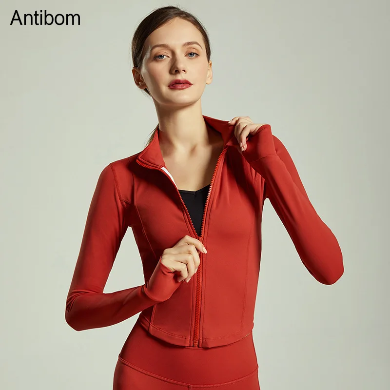 Antibom Autumn Winter Women's Yoga Jacket Zipper Fitness Slim Sport Coats Quick Dry Jogging Exercise Crop Top Thumb Hole