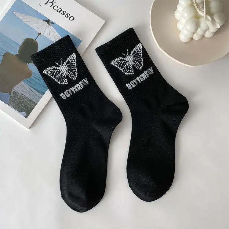 Kawaii beautiful animal butterfly socks women's socks black and white leg pile socks street sports trend Harajuku socks women