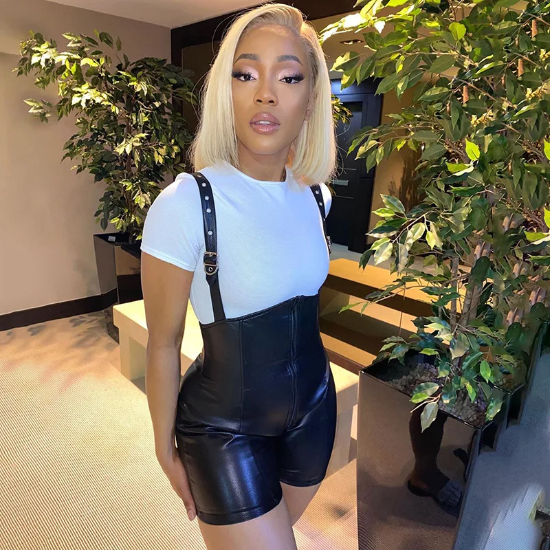 

women fashion PU zipper straps short jumpsuit rompers ladies sexy black summer backless bodycon rompers nightclub