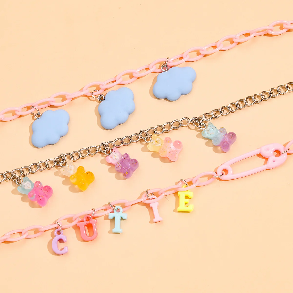 

3-strand Pastel Chunky Necklace Bear-cloud-letter Resin Pendants Multilayer Necklace Y2K Punk Colorful Acrylic Choker#Y37DJ69