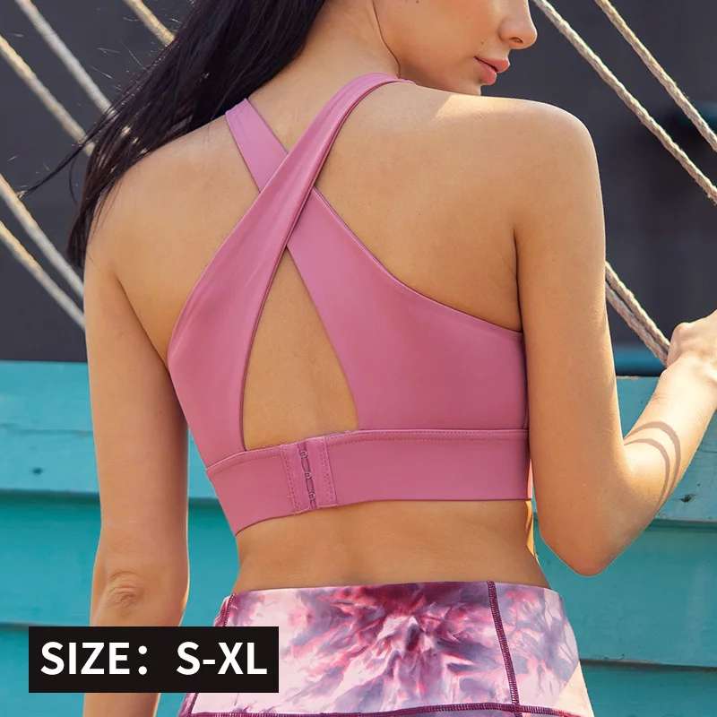 

BKRIVE Pink Tops Shockproof Cross Straps Bra Running Gym Sports Bra Top Women Widen Hem Push Up Workout Fitness Yoga Crop Tops