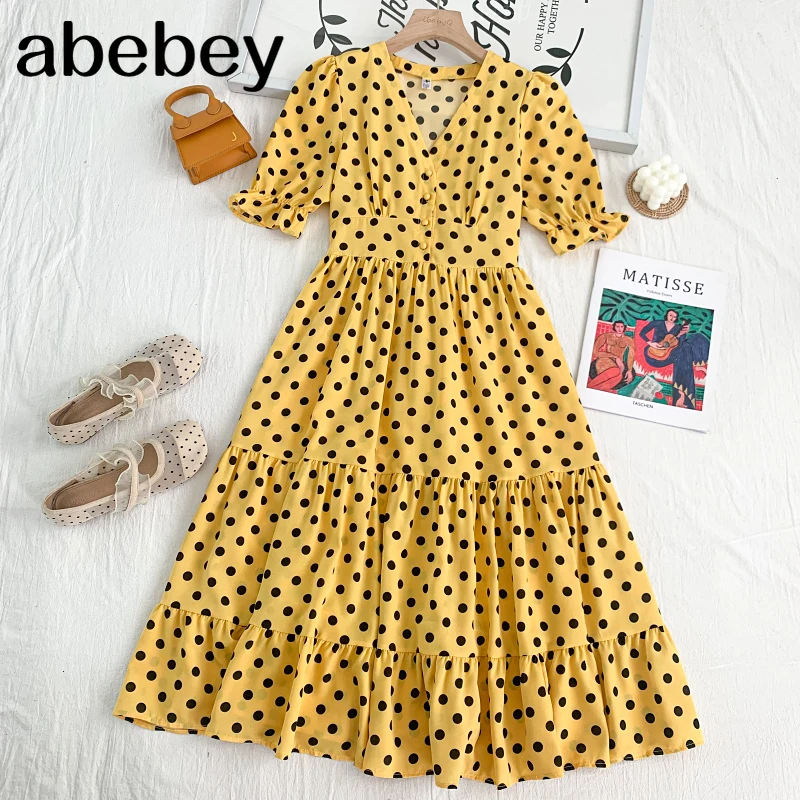 

French V-neck short sleeve Dress Ruffles single breasted high waist mid-length polka dot A-line Dress 2021 New Summer Women