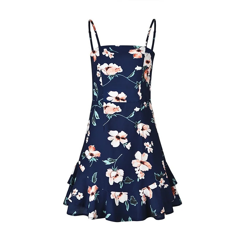 

2021 Summer Breeze French Dress Printed Suspenders Holiday Floral Dress Sexy Backless Ruffled Chiffon Beach Sexy Dress Women