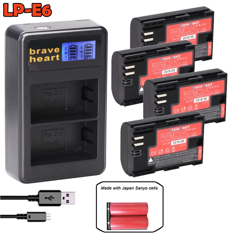 charger and 4battery Bateria LP-E6 LP E6 LPE6N батарея камеры Япония Sanyo сотовый+ светодиодный USB двойной зарядное устройство для Canon EOS 5DS R 5D Mark II 5D 6D 7D 80D - Цвет: charger and 4battery