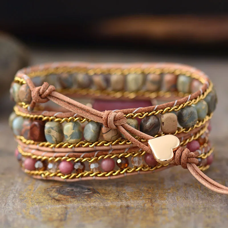 

Luxury Heart Shape Wrap Bracelets W/ Jaspers Crystal 3 Strands Leather Chain Bracelet Fashion Jewelry Bijoux Dropshipping